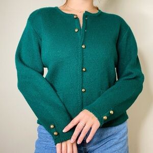 Laura Daniels Petite Y2K Emerald Green Acrylic Cardigan Sweater Gold Size Medium